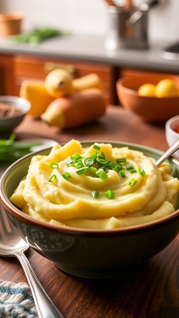 Creamy Nabawi mashed potatoes in a bowl, garnished with chives, on a rustic table.